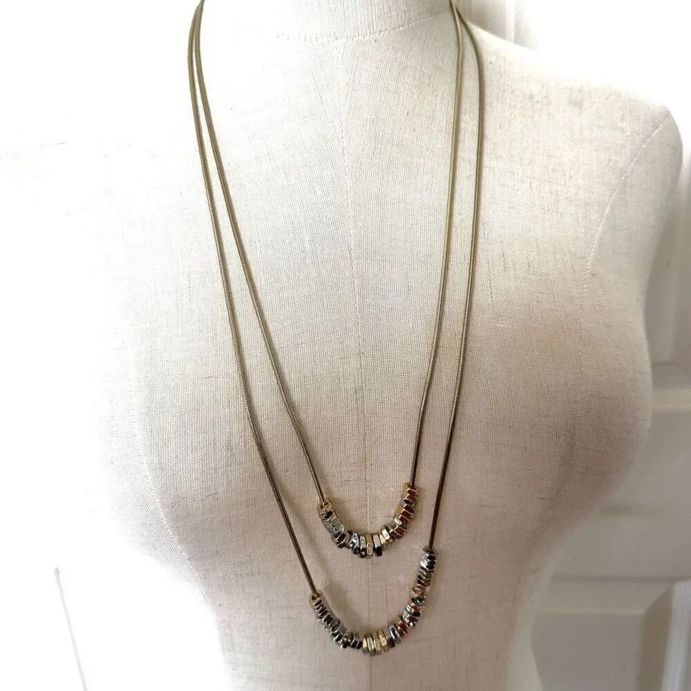 Chico’s gold tone washer beads double strand long necklace